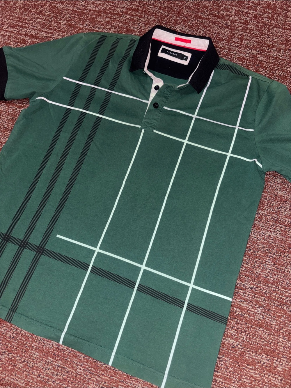 Barabas polo short sleeve green plaid black trim luxury polo shirt stretch XL